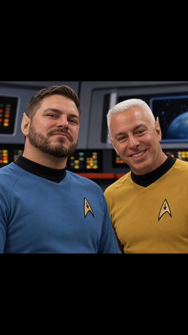 Tony and Anthony pictured in Star Trek uniforms aboard a starship
